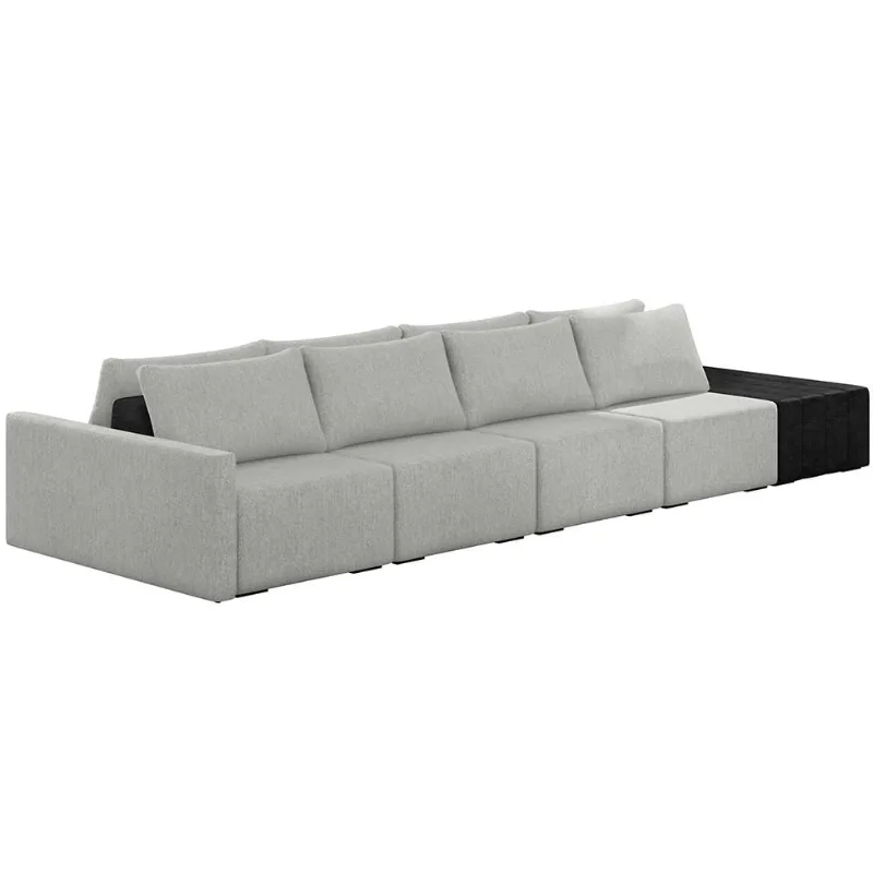 Sofá Ilha Modular Para Sala 392cm com Puff Dublin K01 Linho Cinza e Sintético Preto - Lyam Decor