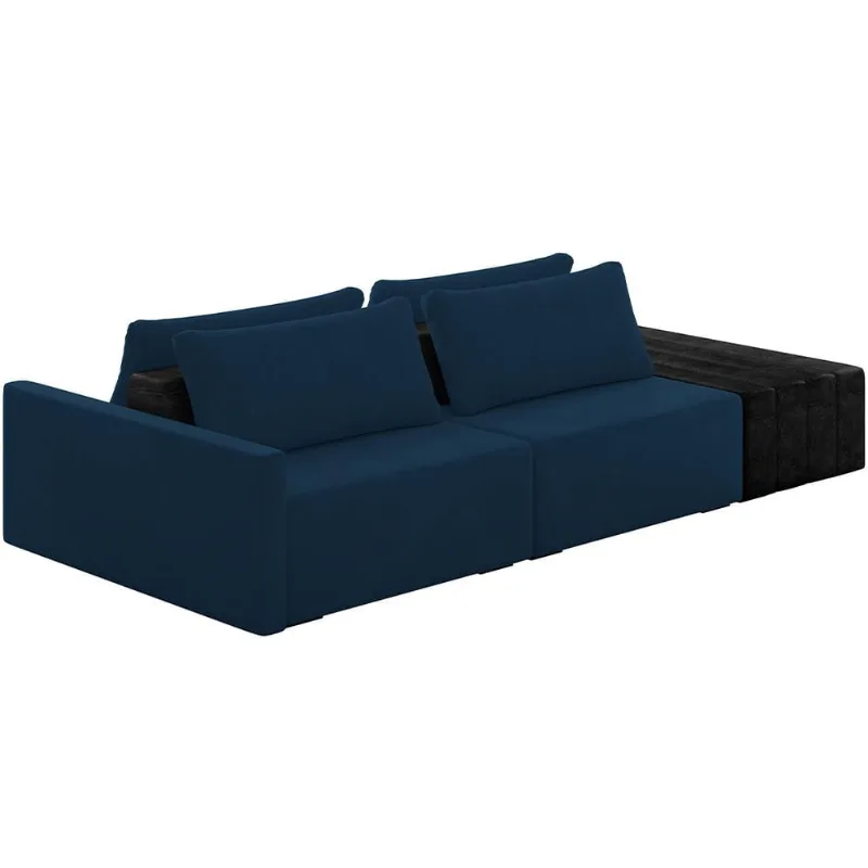 Sofá Ilha Modular Para Sala 252cm com Puff Dublin K01 Veludo Azul Marinho e Sintético Preto - Lyam Decor
