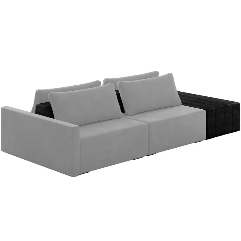 Sofá Ilha Modular Para Sala 252cm com Puff Dublin K01 Veludo Cinza e Sintético Preto - Lyam Decor