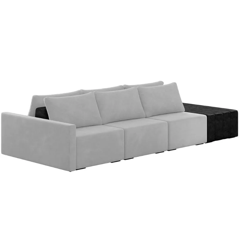 Sofá Ilha Modular Para Sala 342cm com Puff Dublin K01 Veludo Cinza e Sintético Preto - Lyam Decor