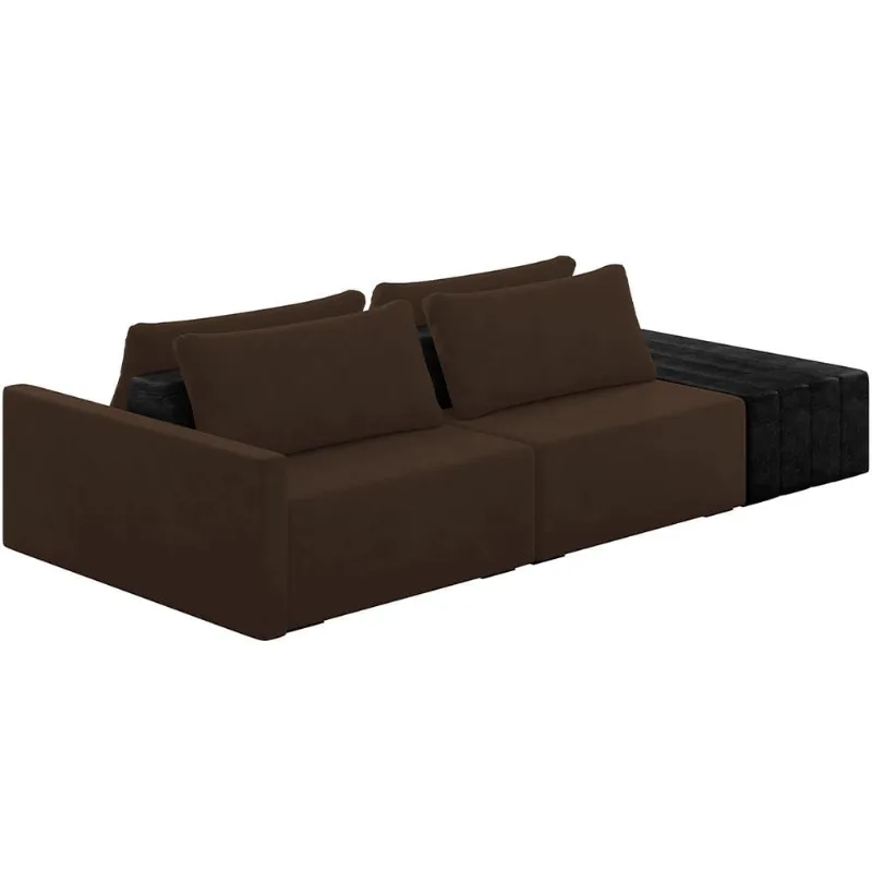 Sofá Ilha Modular Para Sala 252cm com Puff Dublin K01 Veludo Marrom e Sintético Preto - Lyam Decor