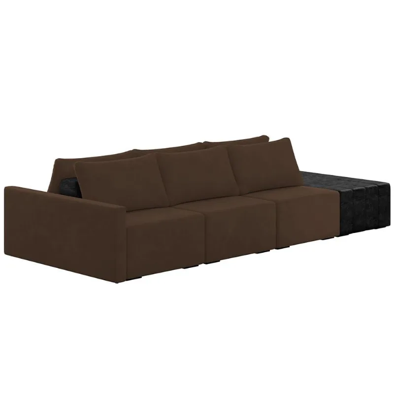 Sofá Ilha Modular Para Sala 312cm com Puff Dublin K01 Veludo Marrom e Sintético Preto - Lyam Decor