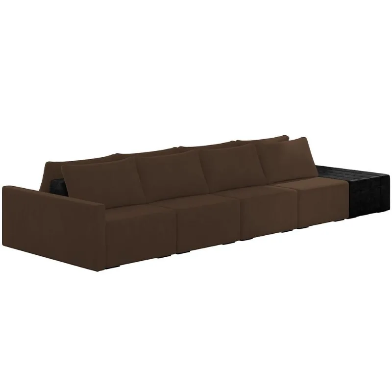 Sofá Ilha Modular Para Sala 392cm com Puff Dublin K01 Veludo Marrom e Sintético Preto - Lyam Decor
