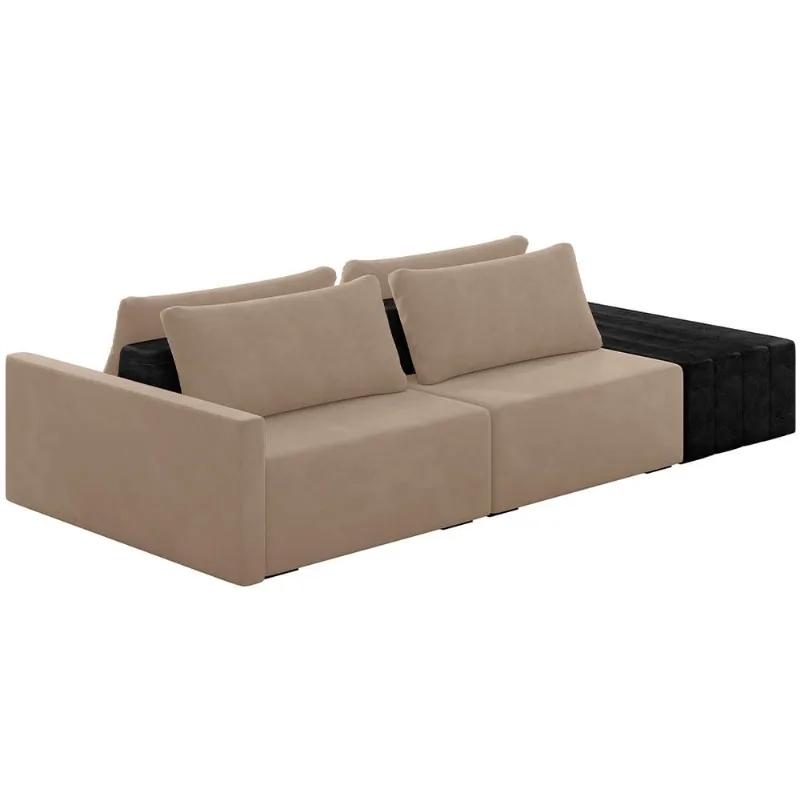 Sofá Ilha Modular Para Sala 252cm com Puff Dublin K01 Veludo Bege e Sintético Preto - Lyam Decor