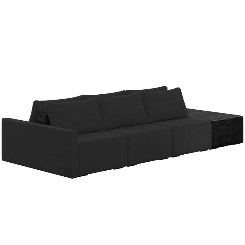 Sofá Ilha Modular Para Sala 342cm com Puff Dublin K01 Veludo Bege e Sintético Preto - Lyam Decor