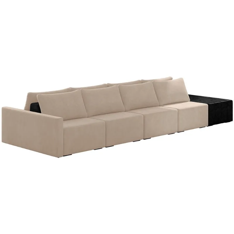 Sofá Ilha Modular Para Sala 432cm com Puff Dublin K01 Veludo Bege e Sintético Preto - Lyam Decor