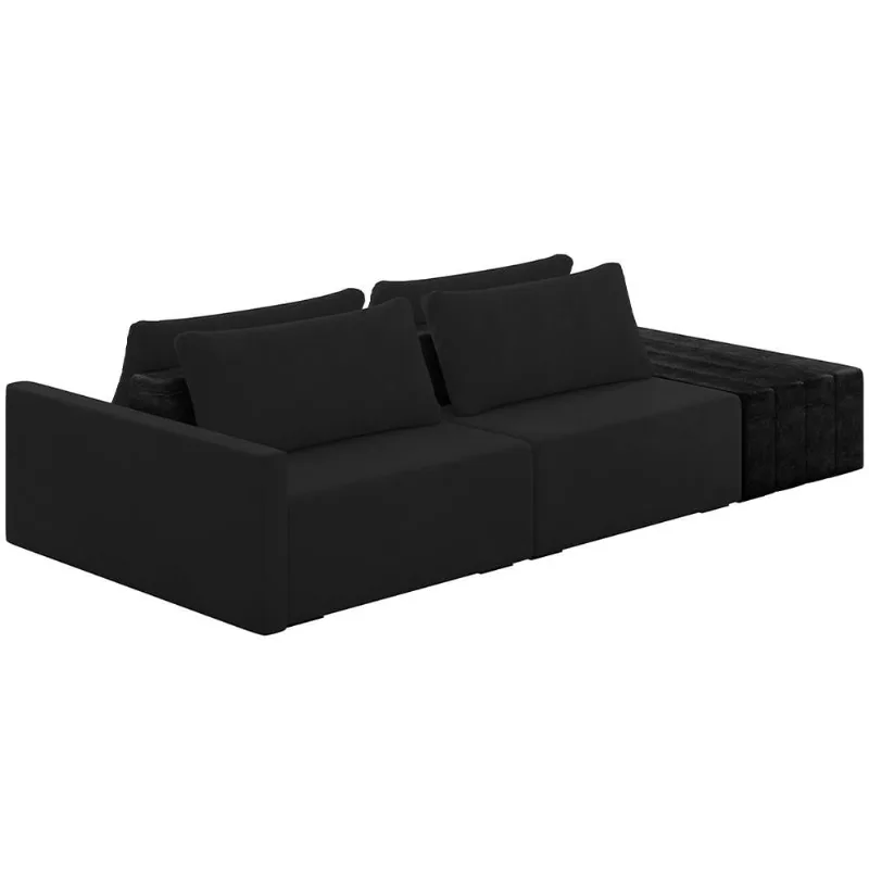 Sofá Ilha Modular Para Sala 232cm com Puff Dublin K01 Veludo Preto e Sintético Preto - Lyam Decor