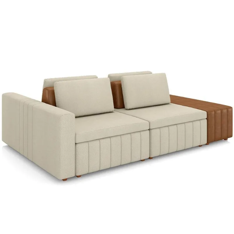 Sofá Ilha Com Puff Para Sala Living 245cm Amber M03 Linho Cru Couríssimo Whisky - Lyam Decor