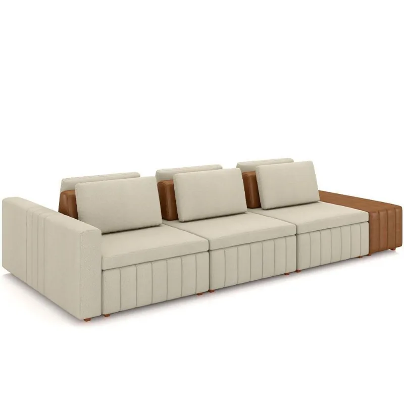 Sofá Ilha Com Puff Para Sala Living 335cm Amber M03 Linho Cru Couríssimo Whisky - Lyam Decor