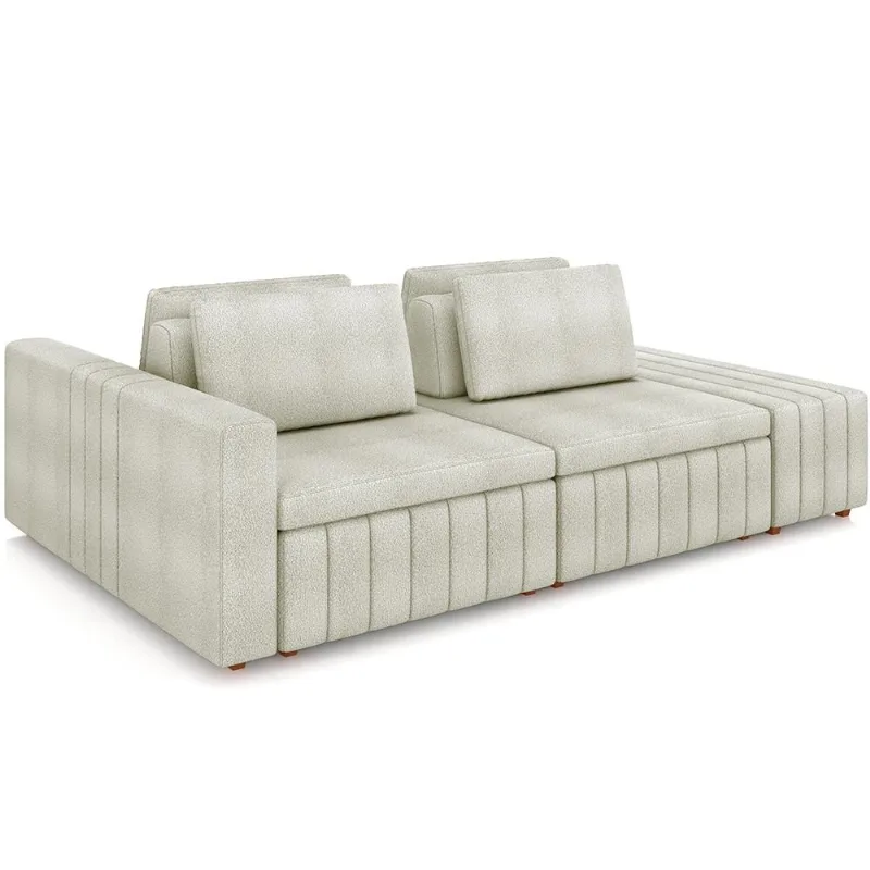 Sofá Ilha com Puff para Sala Living 285cm Amber M03 Bouclê Bege Claro - Lyam Decor