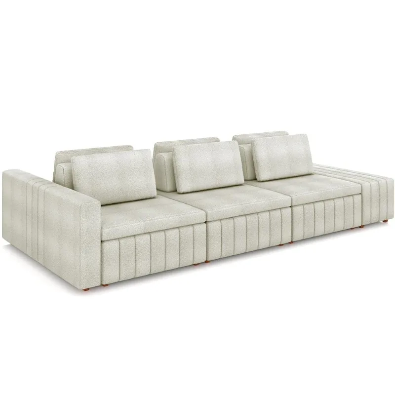 Sofá Ilha com Puff para Sala Living 395cm Amber M03 Bouclê Bege Claro - Lyam Decor