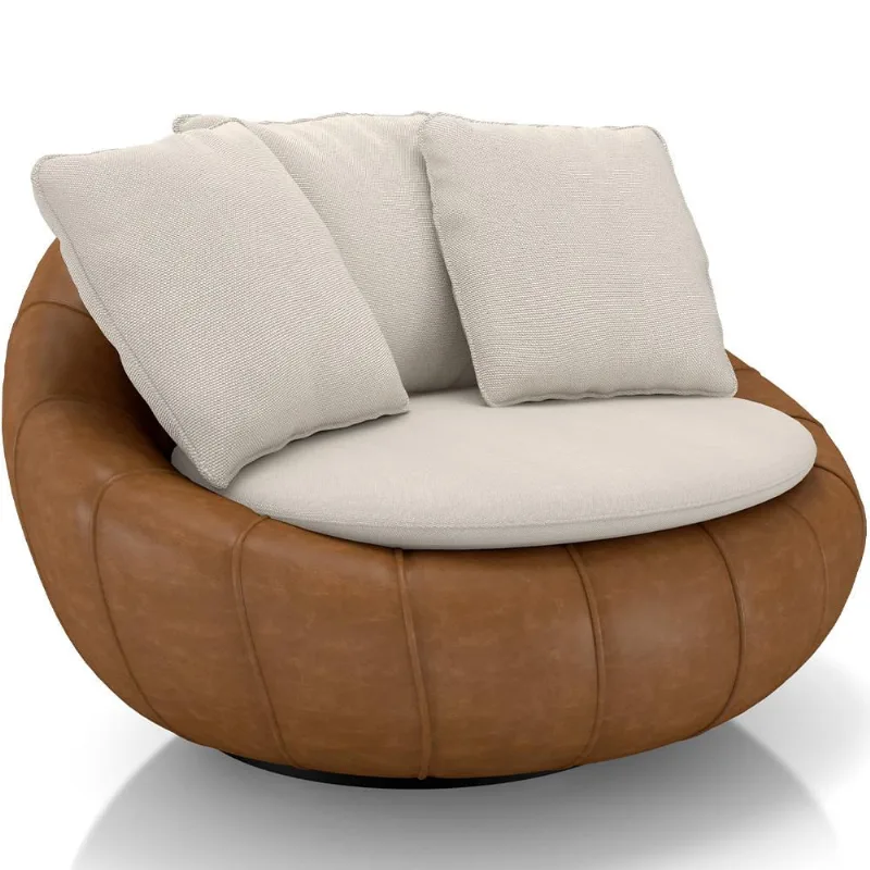 Poltrona Giratória Para Sala de Estar Decorativa Kira M03 Couríssimo Whisky Linho Cru - Lyam Decor - Lyam Decor