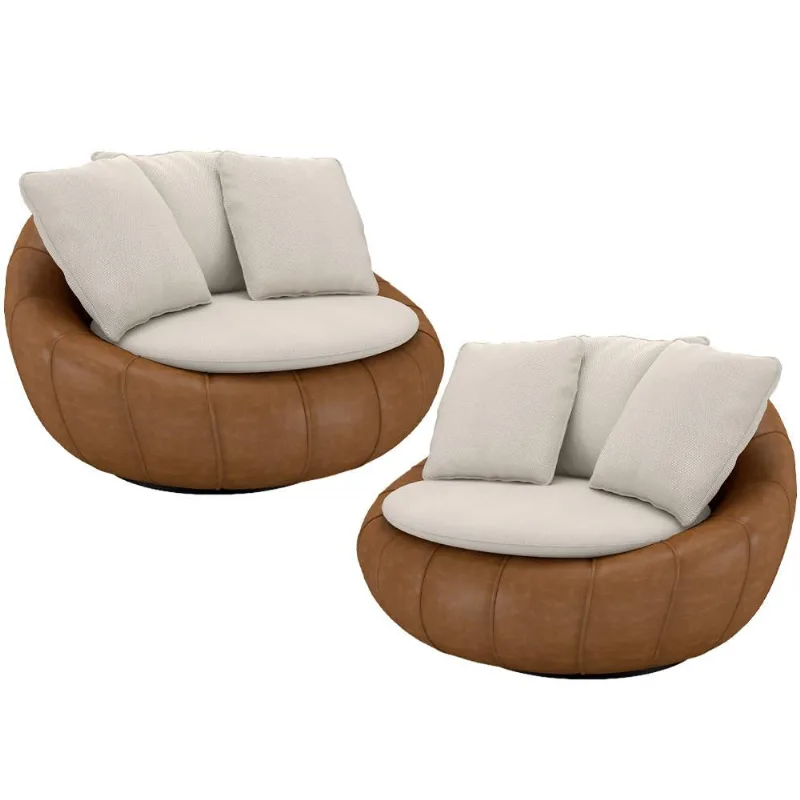 Kit 02 Poltronas Giratórias Para Sala de Estar Kira M03 Couríssimo Whisky Linho Cru - Lyam Decor - Lyam Decor