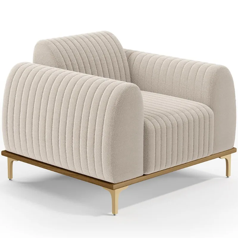 Poltrona Decorativa Base De Madeira Castanho e Pés Metalizado D'Ouro Molino D02 Bouclê Creme B-54 - Lyam Decor - Lyam Decor