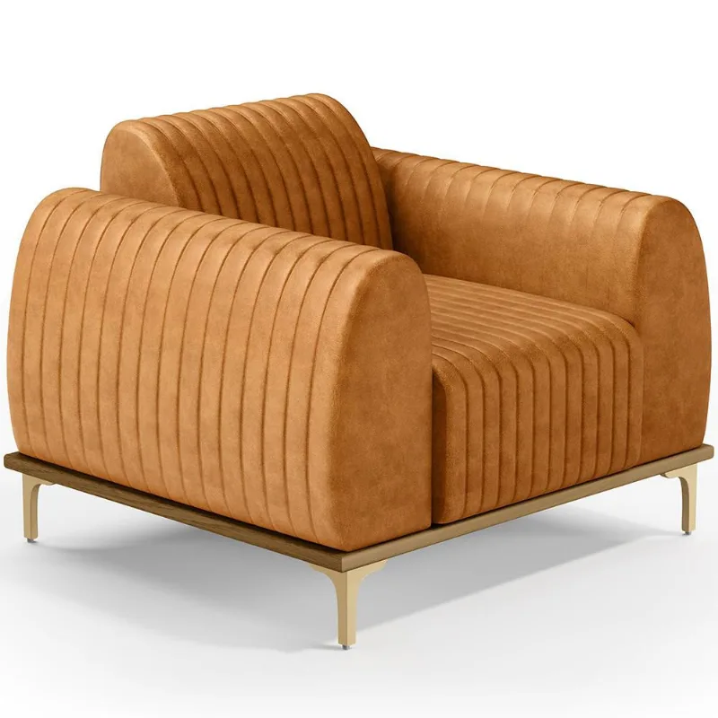 Poltrona Decorativa Base De Madeira Castanho e Pés Metalizado D'Ouro Molino D02 Couríssimo Whisky B-90 - Lyam Decor - Lyam Decor