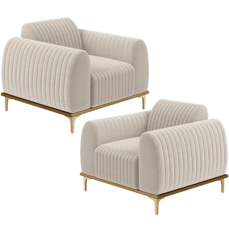 Kit 02 Poltronas Decorativa Base De Madeira Castanho e Pés Metalizado D'Ouro Molino D02 Bouclê Creme B-54 - Lyam Decor - Lyam Decor