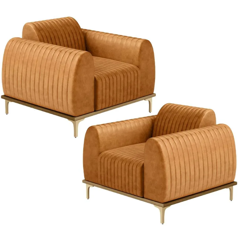 Kit 02 Poltronas Decorativa Base De Madeira Castanho e Pés Metalizado D'Ouro Molino D02 Couríssimo Whisky B-90 - Lyam Decor - Lyam Decor