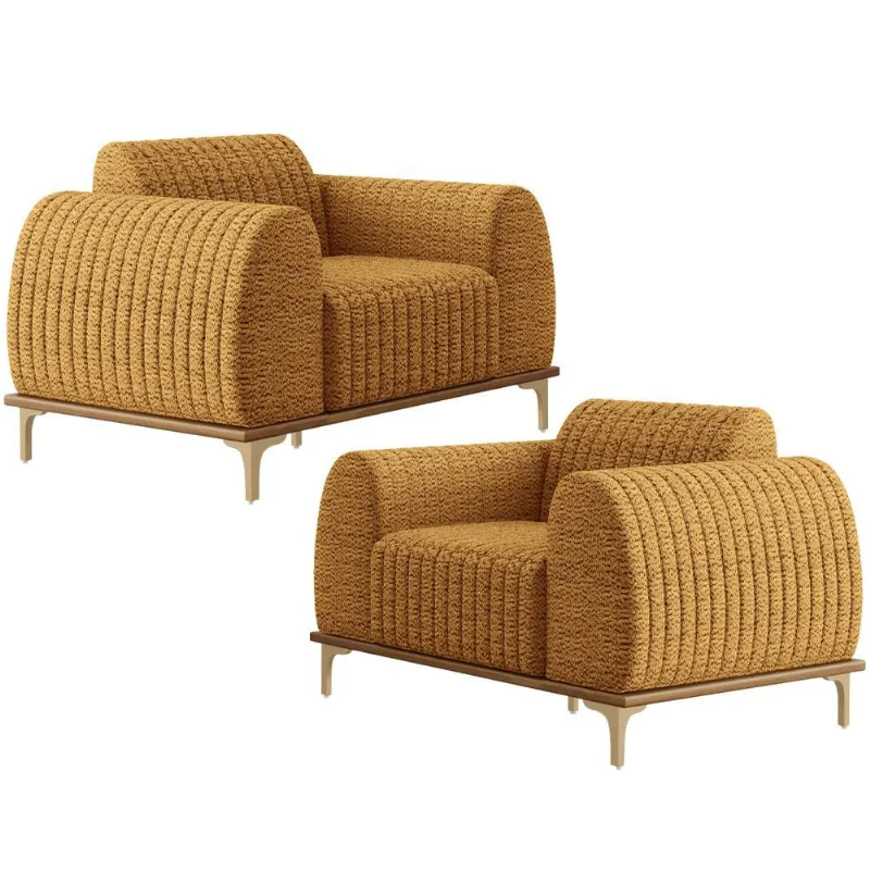 Kit 02 Poltronas Decorativa Base De Madeira Castanho e Pés Metalizado D'Ouro Molino D02 Prime Bouclê Mostrada PB-03 - Lyam Decor - Lyam Decor