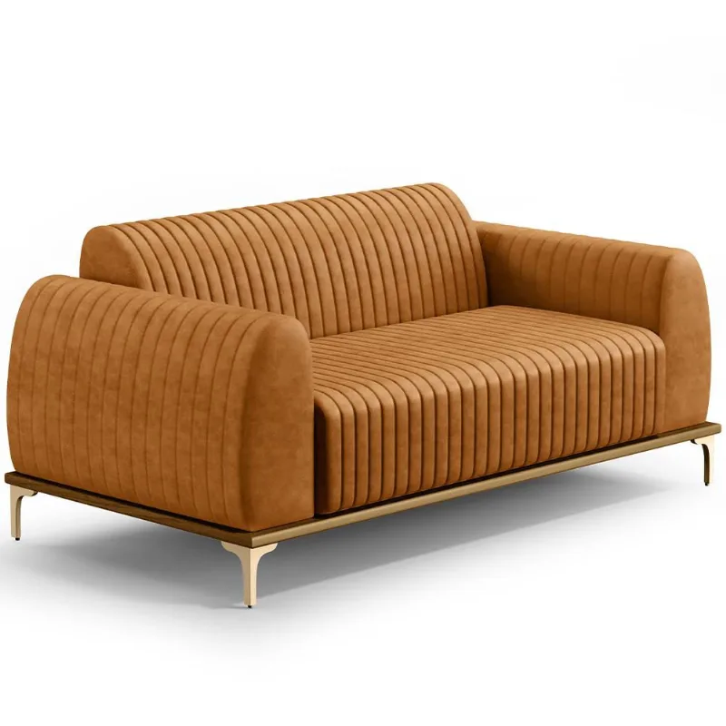 Sofá 2 Lugares Para Sala de Estar Molino 150cm D02 Base Castanho Pés D'Ouro Couríssimo Whisky B-90 - Lyam Decor - Lyam Decor