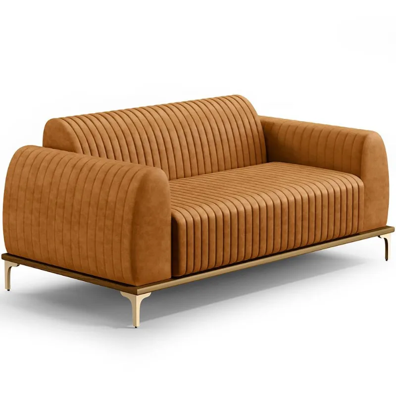 Sofá 3 Lugares Para Sala de Estar Molino 210cm D02 Base Castanho Pés D'Ouro Couríssimo Whisky B-90 - Lyam Decor - Lyam Decor