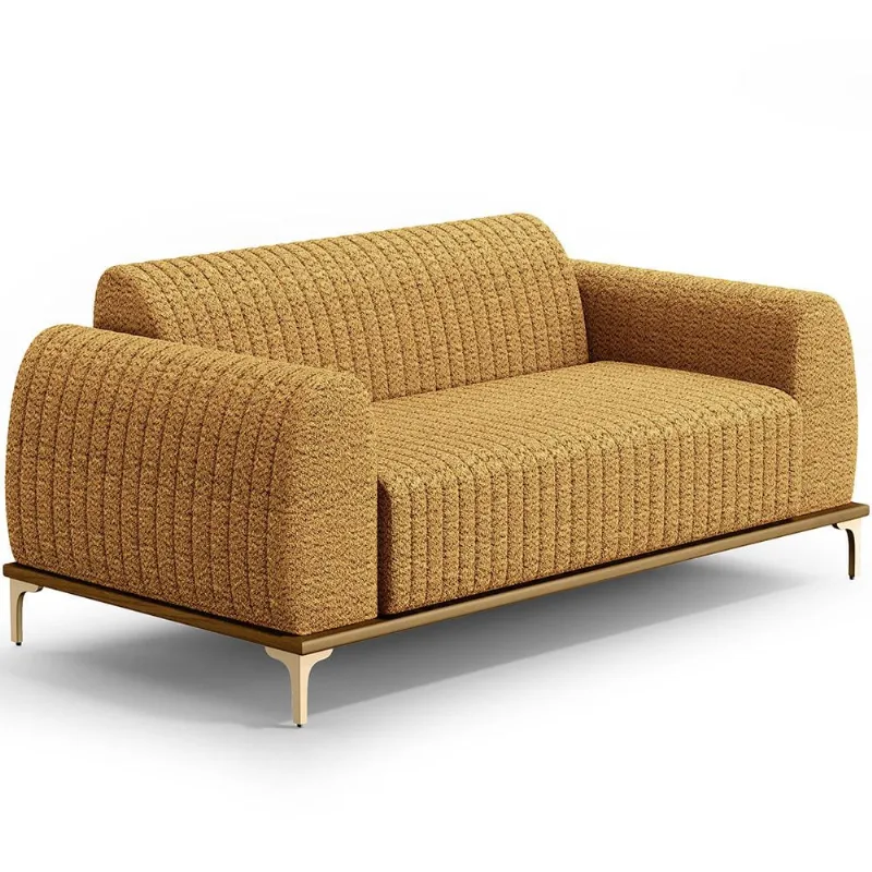 Sofá 3 Lugares Para Sala de Estar Molino 210cm D02 Base Castanho Pés D'Ouro Prime Bouclê Mostarda PB-03 - Lyam Decor - Lyam Decor