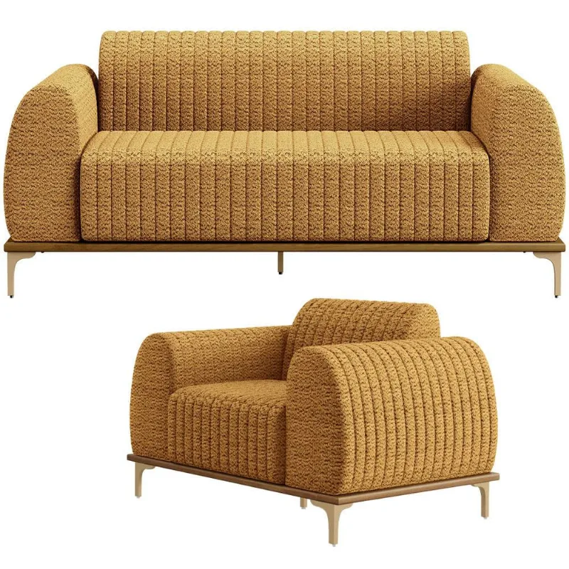 Kit Sofá 3 Lugares 180cm com Poltrona Molino Base Castanho Pés D'ouro D02 Prime Bouclê Mostarda PB-03 - Lyam Decor - Lyam Decor