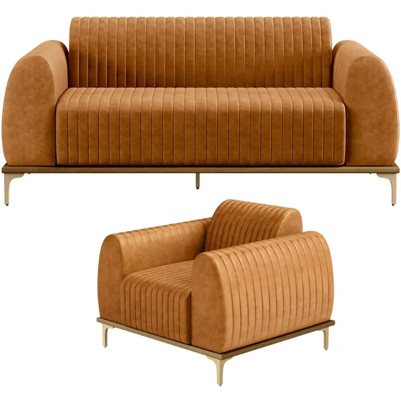 Kit Sofá 3 Lugares 210cm com Poltrona Molino Base Castanho Pés D'ouro D02 Couríssimo Whisky B-90 - Lyam Decor - Lyam Decor