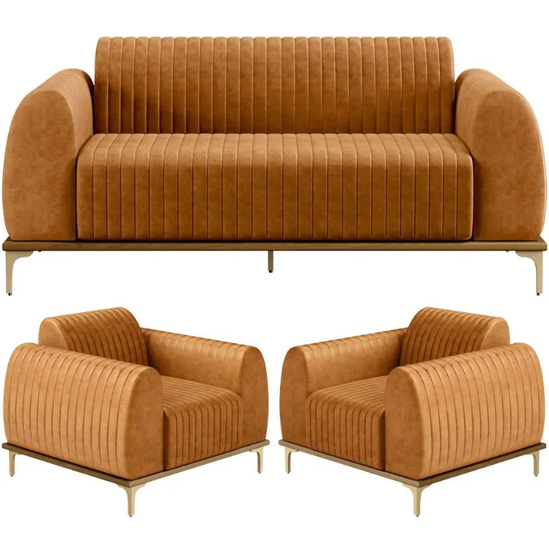 Kit Sofá 3 Lugares 210cm com 02 Poltronas Molino Base Castanho Pés D'ouro D02 Couríssimo Whisky B-90 - Lyam Decor - Lyam Decor