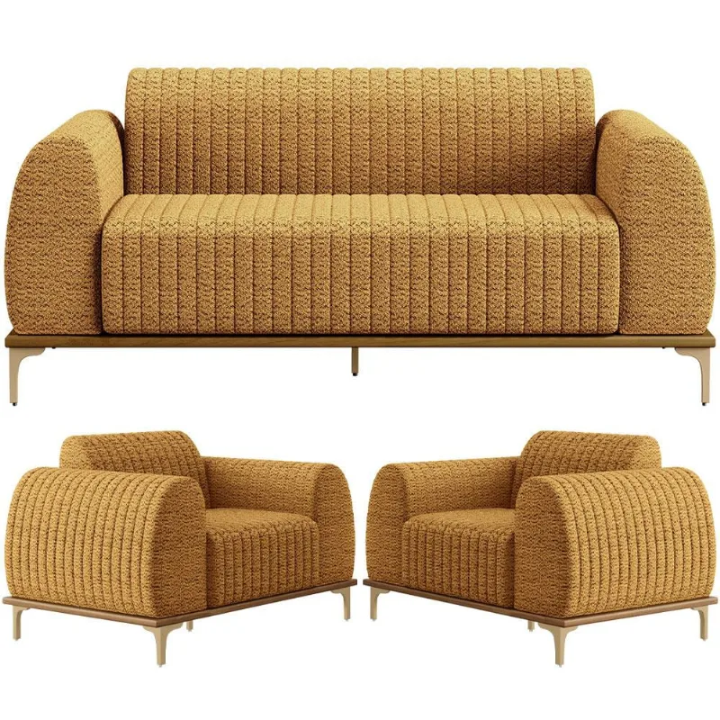 Kit Sofá 3 Lugares 210cm com 02 Poltronas Molino Base Castanho Pés D'ouro D02 Prime Bouclê Mostarda PB-03 - Lyam Decor - Lyam Decor