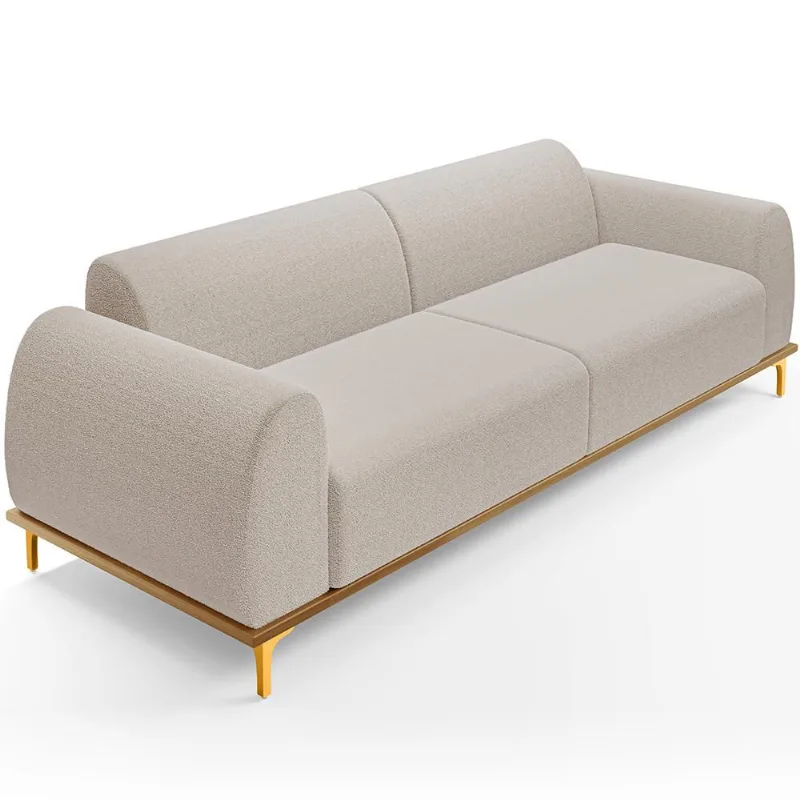 Sofá 4 Lugares Para Sala de Estar Kiev 260cm D02 Base Castanho Pés D'ouro Bouclê Creme B-54 - Lyam Decor - Lyam Decor