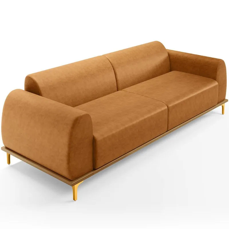 Sofá 3 Lugares Para Sala de Estar Kiev 180cm D02 Base Castanho Pés D'ouro Couríssimo Whisky B-90 - Lyam Decor - Lyam Decor