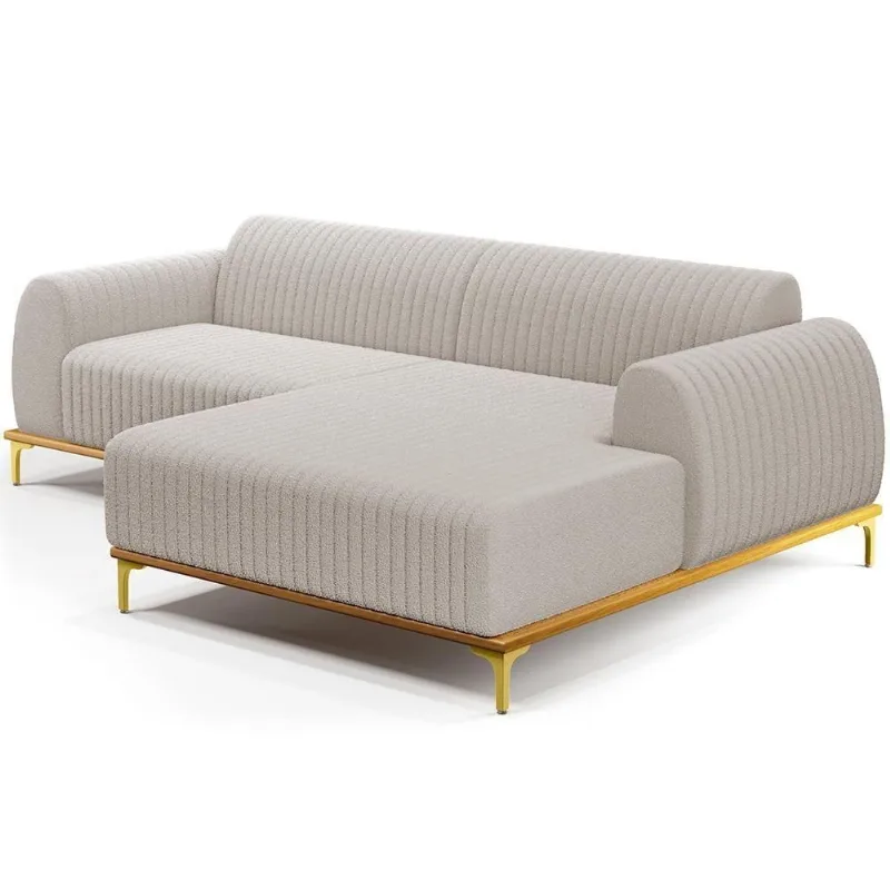 Sofá 5 Lugares Chaise Direito Sala Molino 320cm D02 Pés de ouro Bouclê Creme B-54 - Lyam Decor