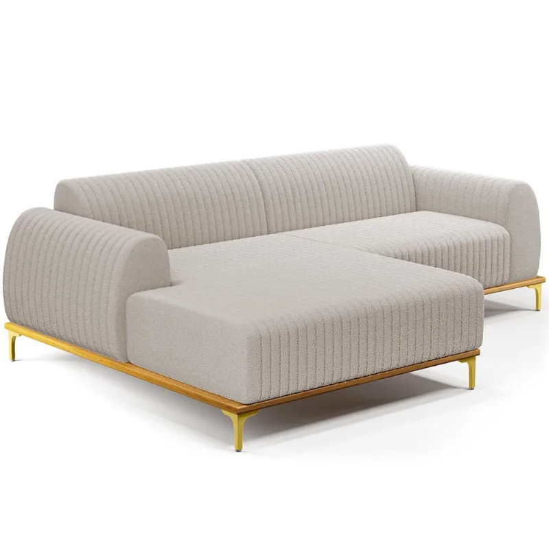 Sofá 5 Lugares com Chaise Esquerdo Para Sala de Estar Molino 320cm D02 Base Castanho Pés D'ouro Bouclê Creme B-54 - Lyam Decor - Lyam Decor