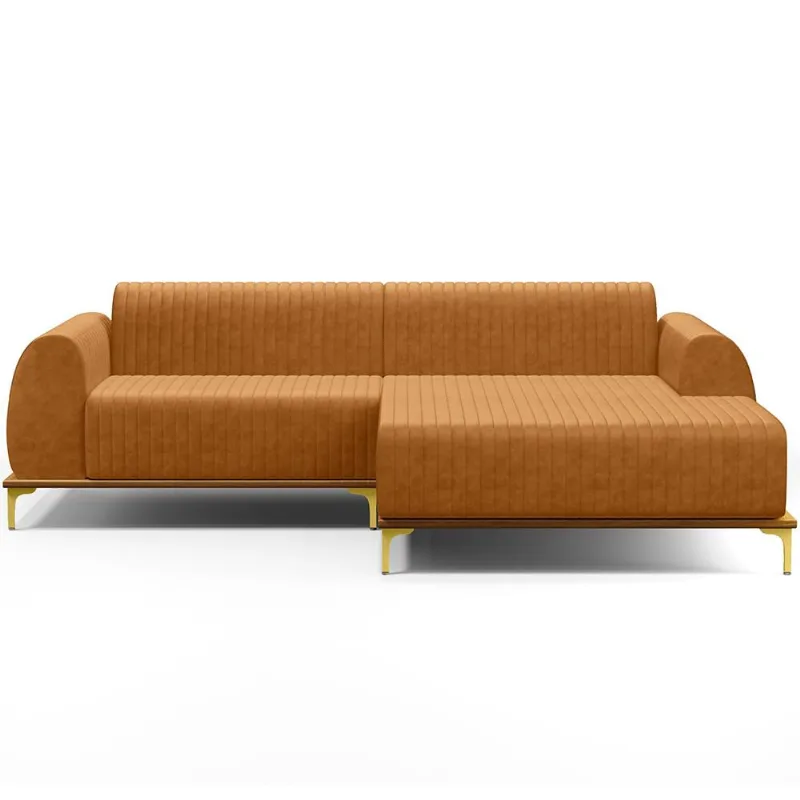 Sofá 3 Lugares com Chaise Direito Para Sala de Estar Molino 230cm D02 Base Castanho Pés D'ouro Couríssimo Whisky B-90 - Lyam Decor - Lyam Decor