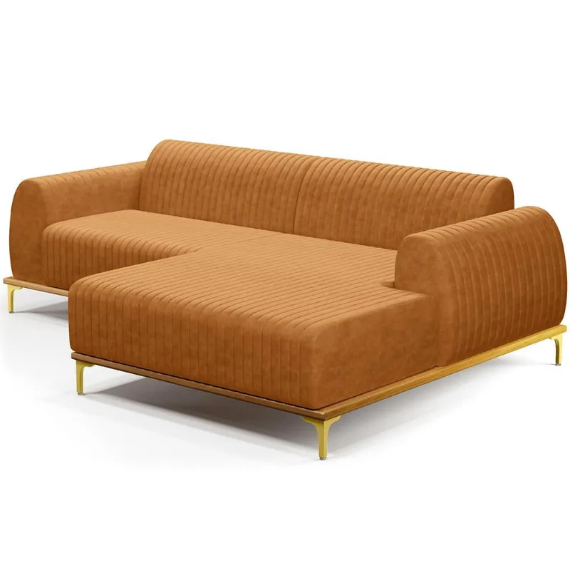 Sofá 3 Lugares com Chaise Direito Para Sala de Estar Molino 245cm D02 Base Castanho Pés D'ouro Couríssimo Whisky B-90 - Lyam Decor - Lyam Decor