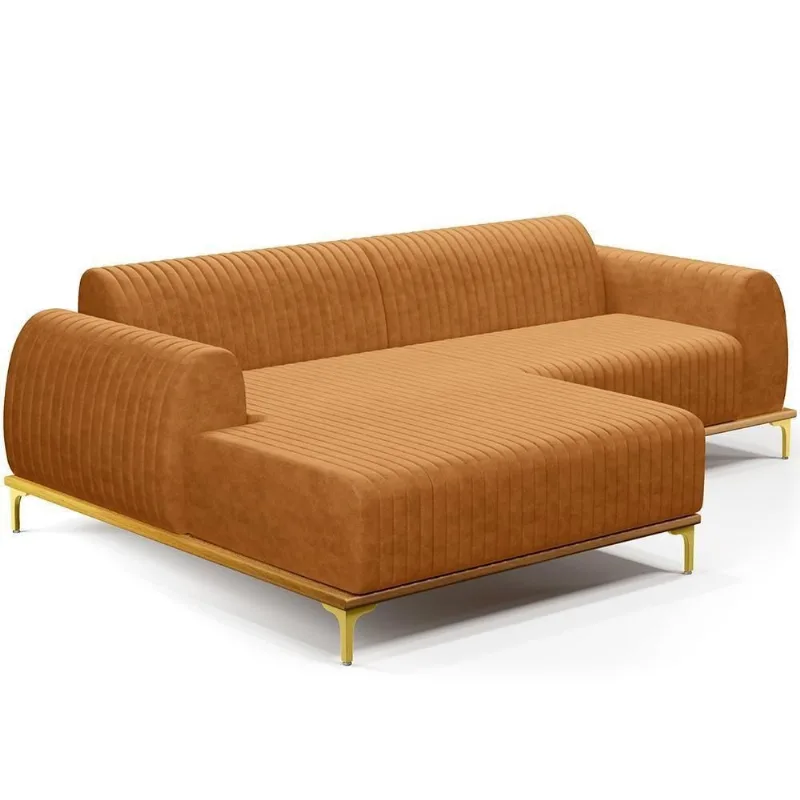 Sofá 3 Lugares Chaise Esquerdo Sala Molino 230cm D02 Pés de ouro Couríssimo Whisky B-90 - Lyam Decor
