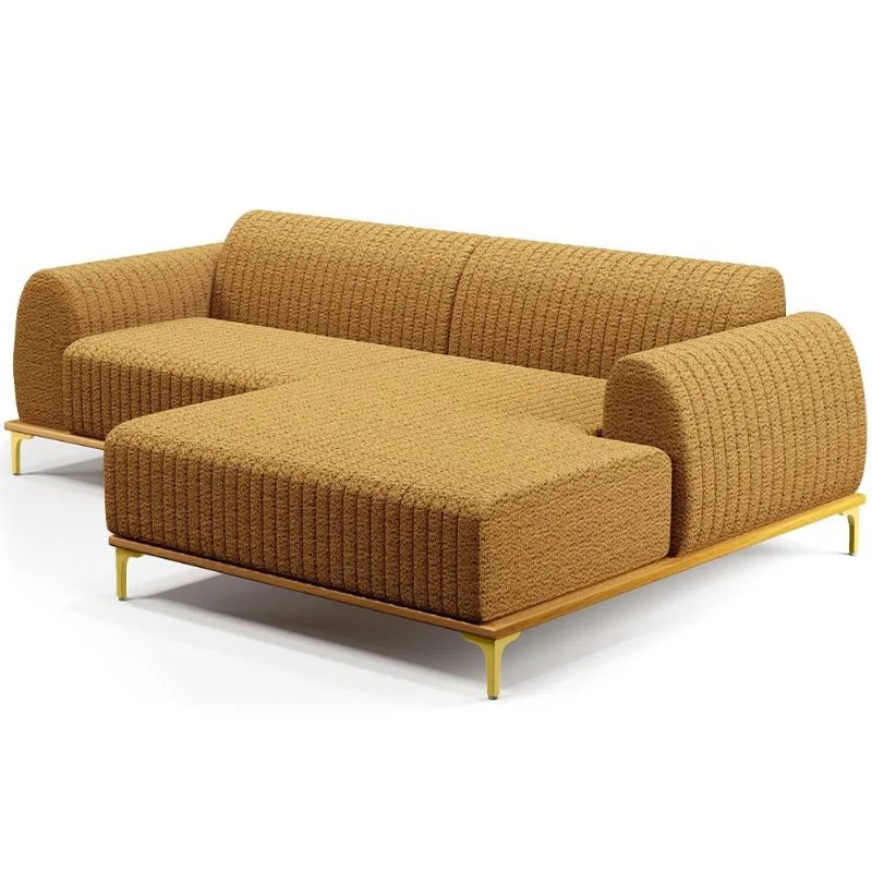 Sofá 4 Lugares com Chaise Direito Para Sala de Estar Molino 265cm D02 Base Castanho Pés D'ouro Prime Bouclê Mostarda PB-03 - Lyam Decor - Lyam Decor