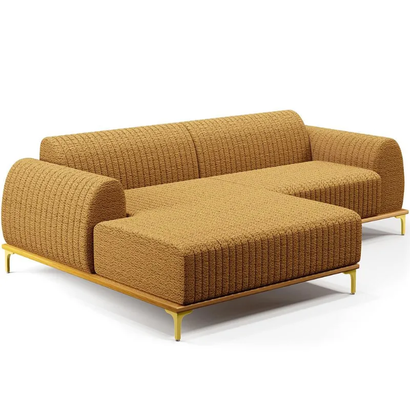 Sofá 3 Lugares com Chaise Esquerdo Para Sala de Estar Molino 245cm D02 Base Castanho Pés D'ouro Prime Bouclê Mostarda PB-03 - Lyam Decor - Lyam Decor