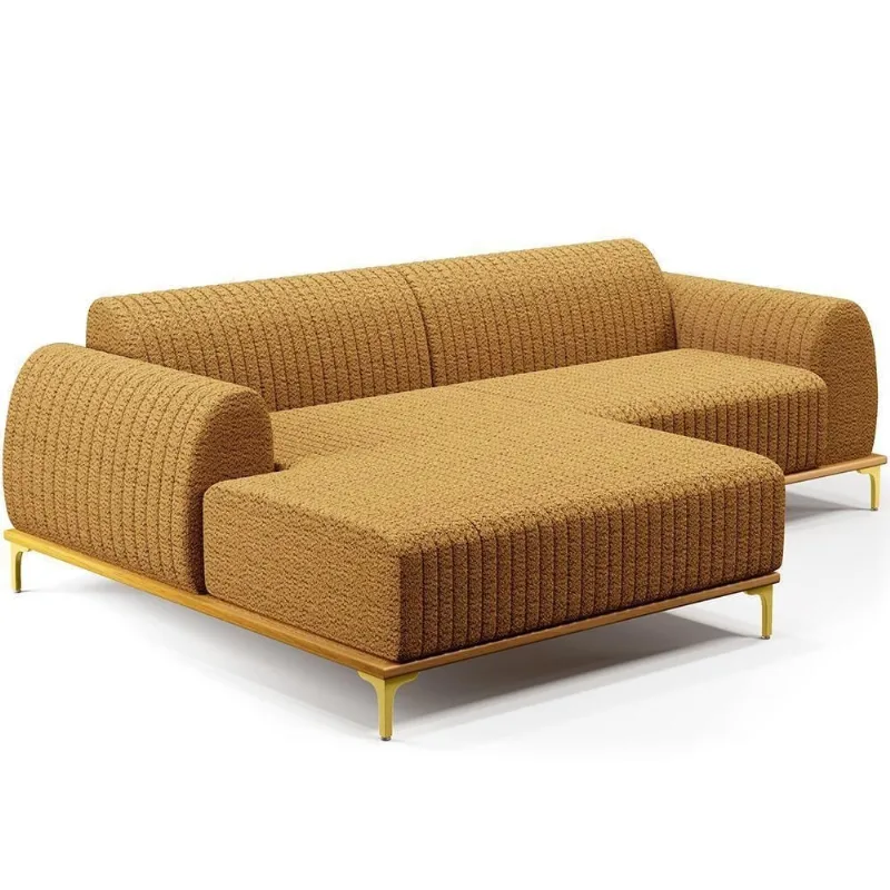 Sofá 5 Lugares Chaise Esquerdo Sala Molino 300cm D02 Pés de ouro Bouclê Mostarda Pb-03 - Lyam Decor