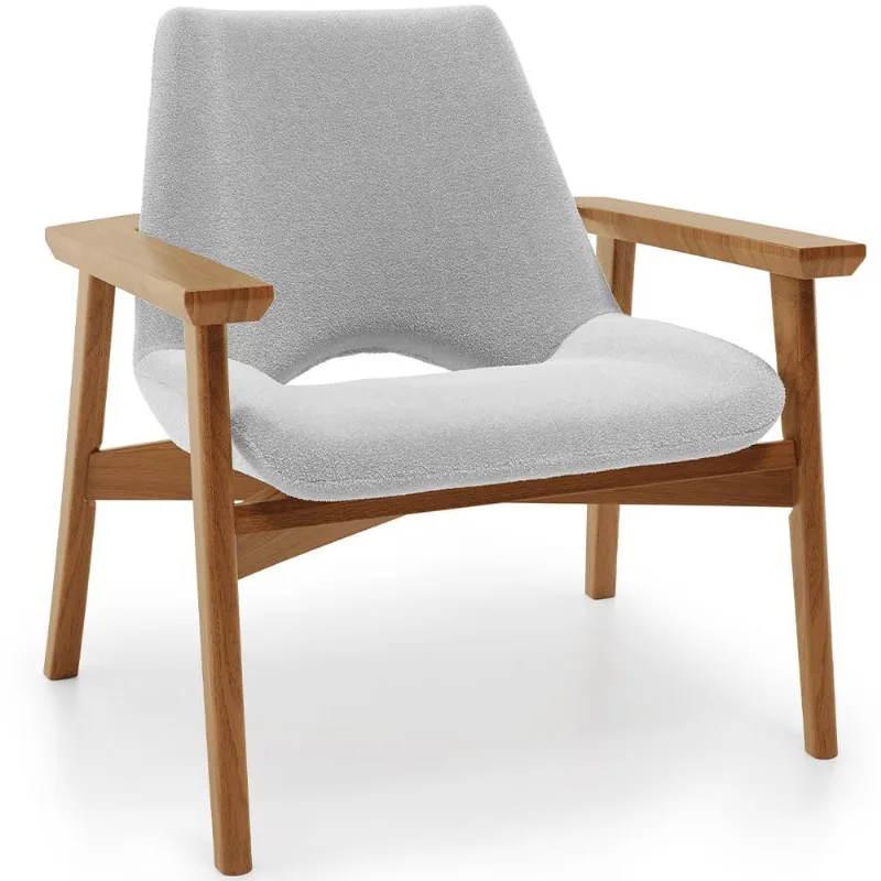 Poltrona Decorativa Para Sala de Estar Living Base Madeira Becker L02 Bouclê Cinza - Lyam Decor - Lyam Decor