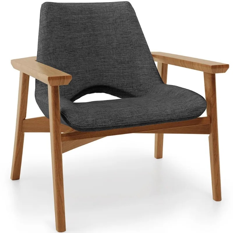 Poltrona Decorativa Para Sala de Estar Living Base Madeira Becker L02 Linho Cinza Escuro - Lyam Decor - Lyam Decor