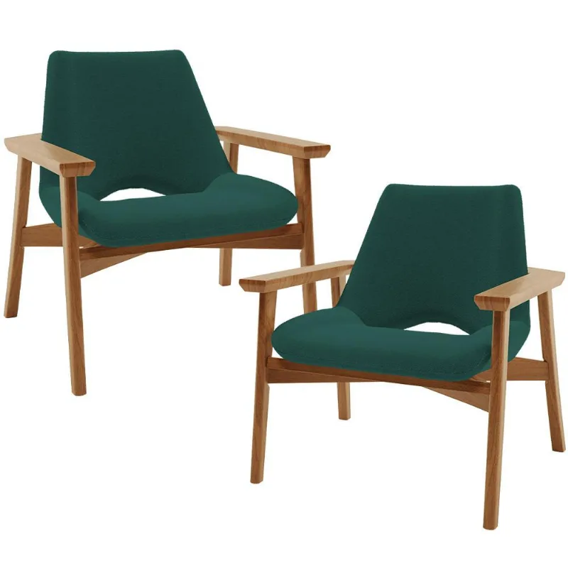 Kit 02 Poltronas Decorativa Para Sala de Estar Living Base Madeira Becker L02 Bouclê Verde - Lyam Decor - Lyam Decor