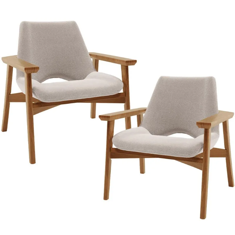 Kit 02 Poltronas Decorativa Para Sala de Estar Living Base Madeira Becker L02 Bouclê Creme - Lyam Decor - Lyam Decor