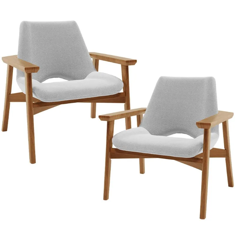 Kit 02 Poltronas Decorativa Para Sala de Estar Living Base Madeira Becker L02 Bouclê Cinza - Lyam Decor - Lyam Decor