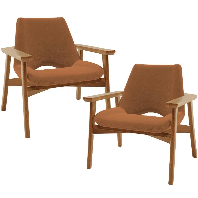 Kit 02 Poltronas Decorativa Para Sala de Estar Living Base Madeira Becker L02 Bouclê Terracota - Lyam Decor - Lyam Decor
