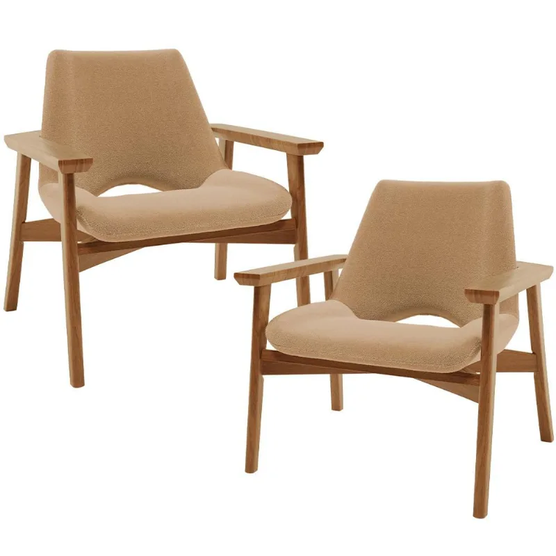 Kit 02 Poltronas Decorativa Para Sala de Estar Living Base Madeira Becker L02 Bouclê Mostarda - Lyam Decor - Lyam Decor