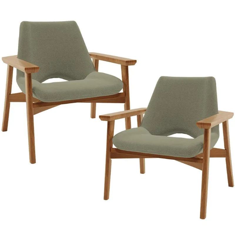 Kit 02 Poltronas Decorativa Para Sala de Estar Living Base Madeira Becker L02 Bouclê Oliva - Lyam Decor - Lyam Decor