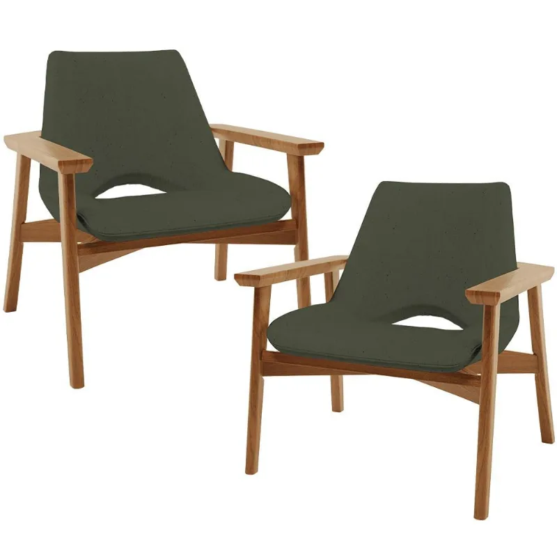 Kit 02 Poltronas Decorativa Para Sala de Estar Living Base Madeira Becker L02 Linho Verde Musgo - Lyam Decor - Lyam Decor