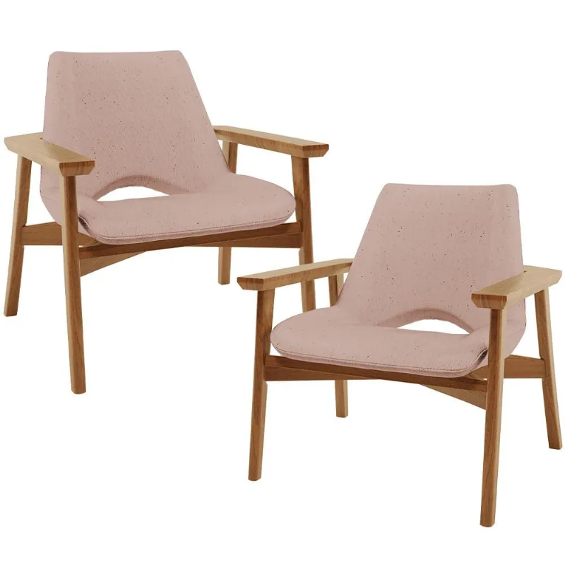 Kit 02 Poltronas Decorativa Para Sala de Estar Living Base Madeira Becker L02 Linho Rosê - Lyam Decor - Lyam Decor