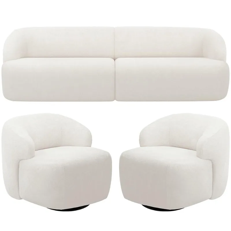 Sofá 3 Lugares Curvo Orgânico com 02 Poltronas Para Sala Living 220cm Barolo L06 Bouclê Branco - Lyam Decor